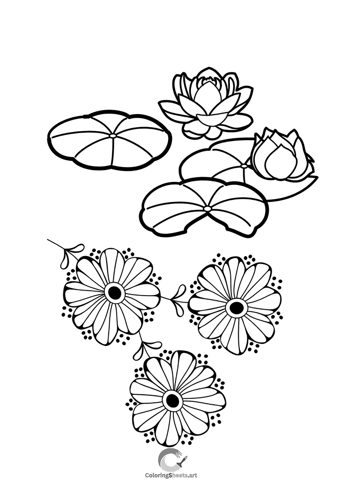 Lotus flowers and lily pads floating in a pond.