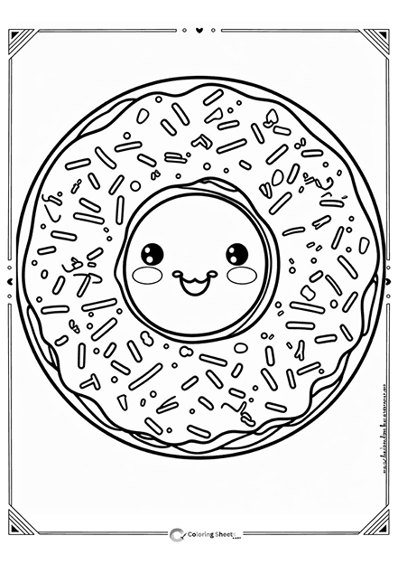 Cute Donut Coloring Page - Delicious donut with a face and sprinkles