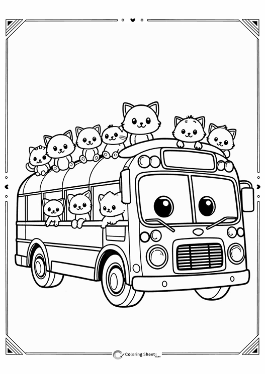 School Bus Full of Cats Coloring Page - School bus filled with cute cats