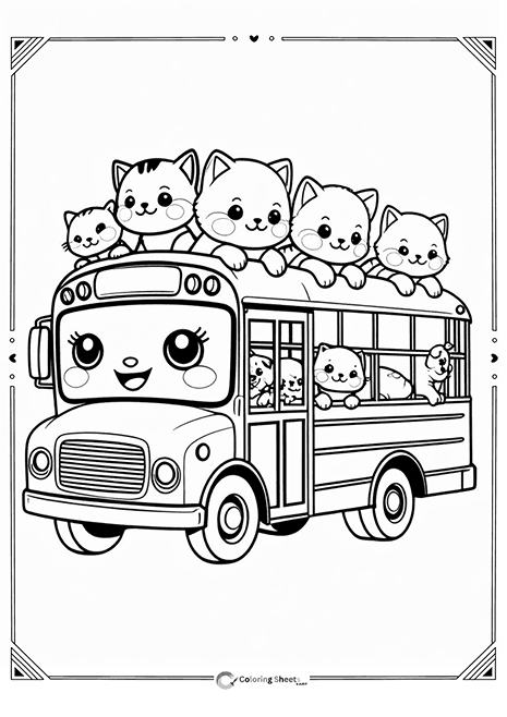 Kittens on School Bus Coloring Page - Cute kittens riding a school bus