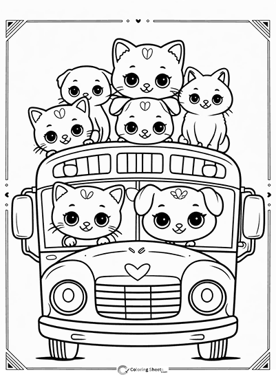 Cats and Dogs on Bus Coloring Page - Friendly bus trip with cats and dogs