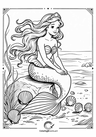 Mermaid on a Rock – A mermaid sitting on a rock surrounded by seashells.