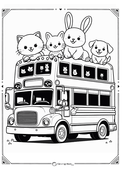 Double-Decker Bus Animals Coloring Page - Animals on a double-decker bus