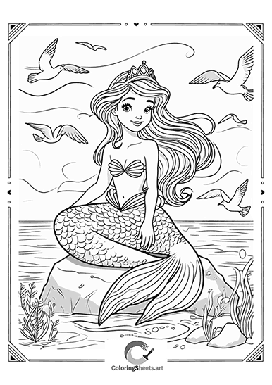 Mermaid with Seagulls – A mermaid resting while seagulls fly above.