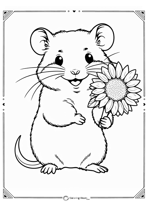Hamster with Sunflower Coloring Page - Sweet hamster with a sunflower