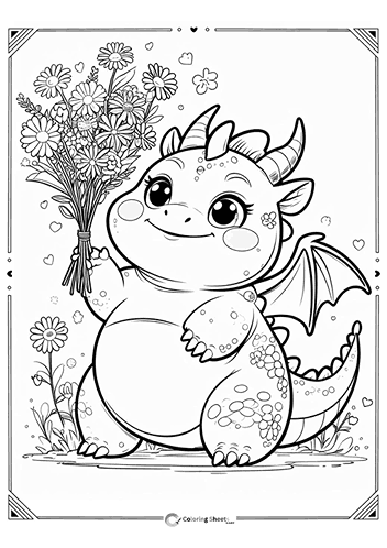 Dragon with Bouquet Coloring Page - Little dragon holding a bouquet of flowers