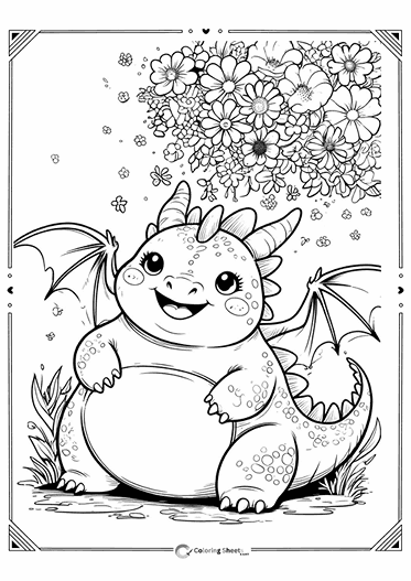 Dragon Under Flowers Coloring Page - Happy dragon sitting under flowers