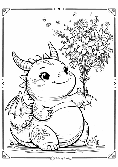 Dragon Giving Flowers Coloring Page - Sweet dragon holding flowers