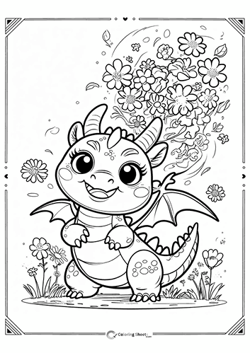 Happy Dragon Flowers Coloring Page - Joyful dragon in a field of flowers