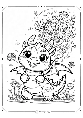 Happy Dragon Flowers Coloring Page - Joyful dragon in a field of flowers