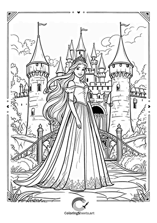 Princess Before Her Castle – A princess standing proudly before a fairytale castle.