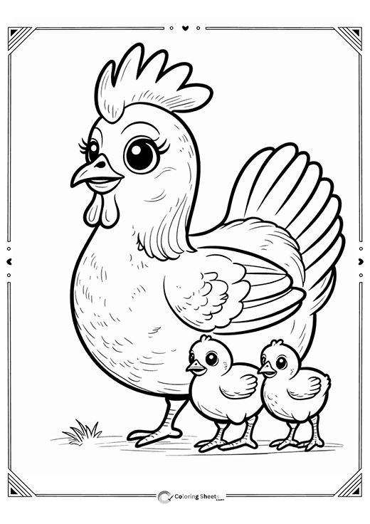 Mother Hen Two Chicks Coloring Page - Mother hen with two baby chicks
