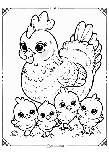 Cartoon Hen and Chicks Coloring Page - Cartoon hen with four cute chicks