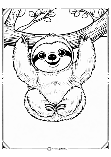 Sloth Hanging Tree Coloring Page - Cute sloth hanging from a tree branch