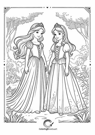 Two Princesses in the Garden – Two friends standing together in a peaceful garden.
