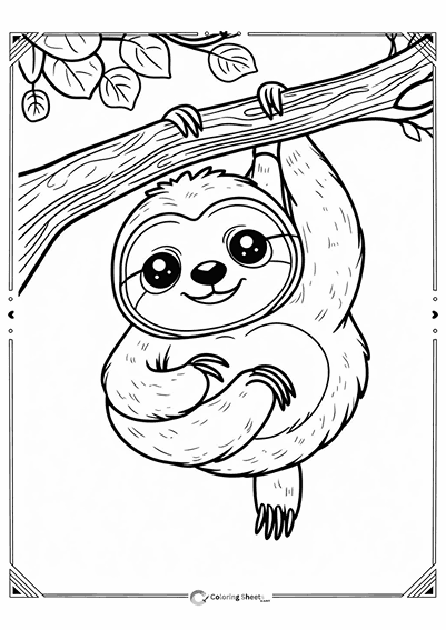 Cartoon Sloth Coloring Page - Happy cartoon sloth with big eyes