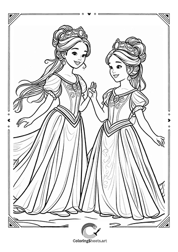 Royal Sisters – Two princess sisters wearing matching gowns and tiaras.