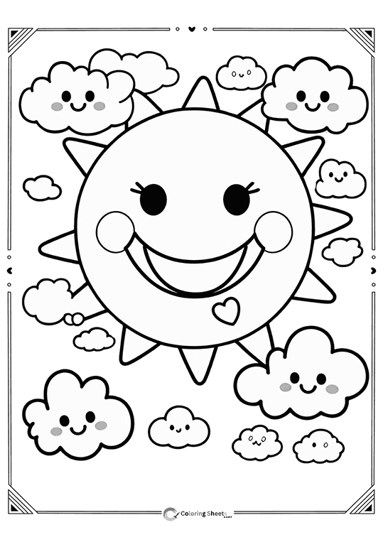 Cute Sun and Clouds Coloring Page - Smiling sun with happy clouds