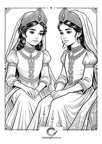 Twin Princesses in Traditional Dress – Identical twin princesses in traditional outfits.