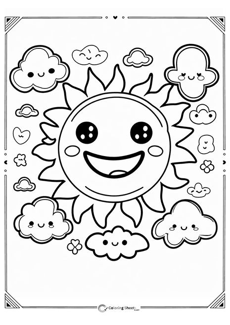 Funny Sun Clouds Coloring Page - Smiling sun and cloud friends in the sky