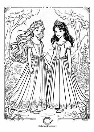 Princess Friends in the Forest – Two princess friends walking hand-in-hand in the woods.