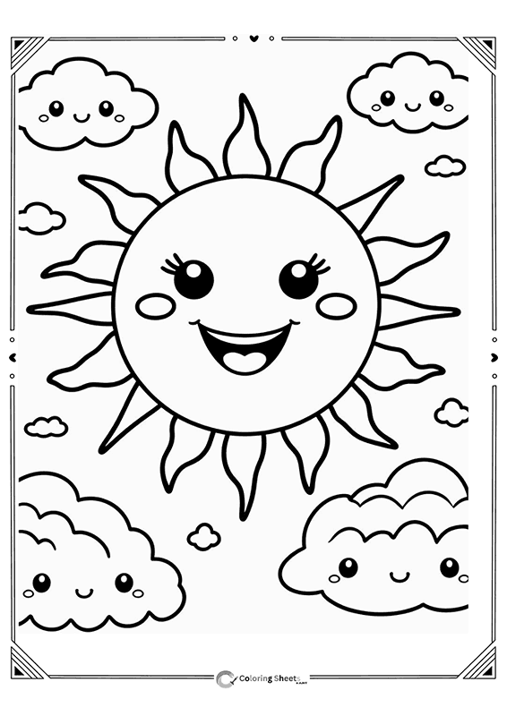 Beautiful Sun Clouds Coloring Page - Sun with eyelashes and a smile
