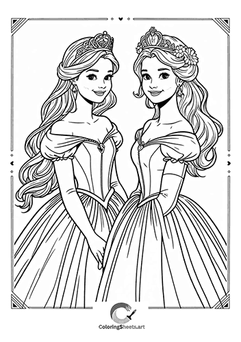 Two Princesses at the Ball – Princesses dressed for a royal ball in stunning gowns.