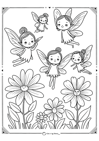 Fairies with Flowers Coloring Page - Tiny fairies flying around giant flowers