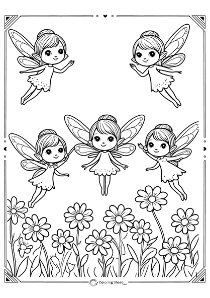 Flying Fairies Flowers Coloring Page - Fairies dancing over a field of flowers