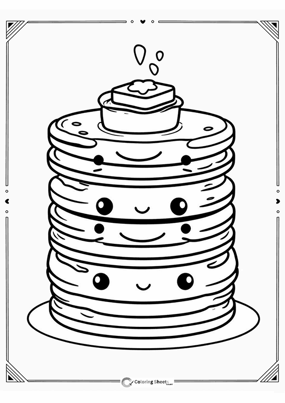 Cartoon Pancake Stack Coloring Page - Happy stack of cartoon pancakes