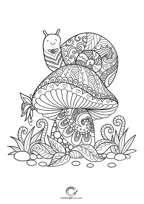 Cute Snail on a Mushroom Coloring Page: - Cute happy snail on a mushroom for coloring