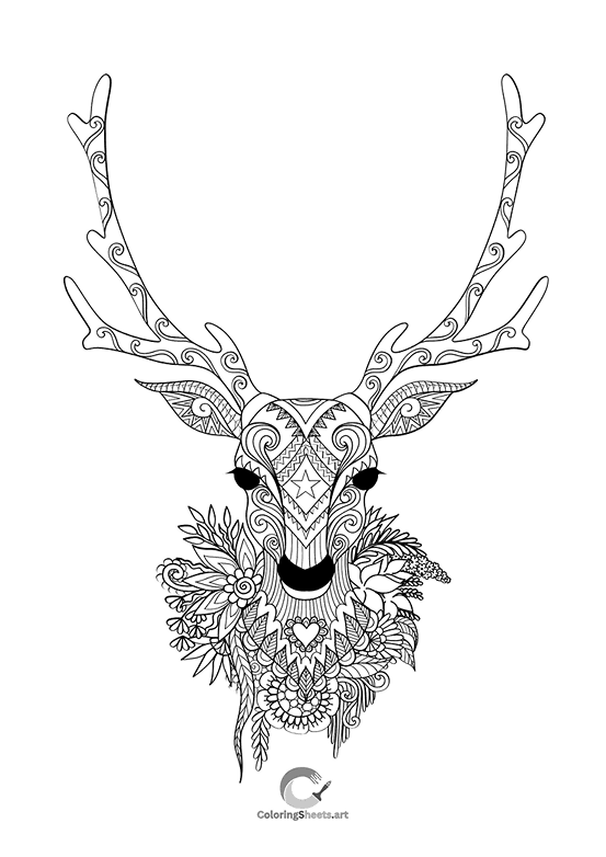 Floral Deer Head Coloring Page - Deer head decorated with flowers and patterns
