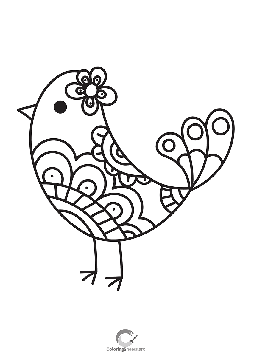 Simple Cute Bird Coloring Page - Sweet and simple bird with a flower on its head
