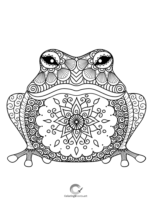 Zentangle Frog Coloring Page- Frog with unique Zentangle patterns and mandala belly