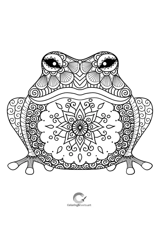 Zentangle Frog Coloring Page- Frog with unique Zentangle patterns and mandala belly