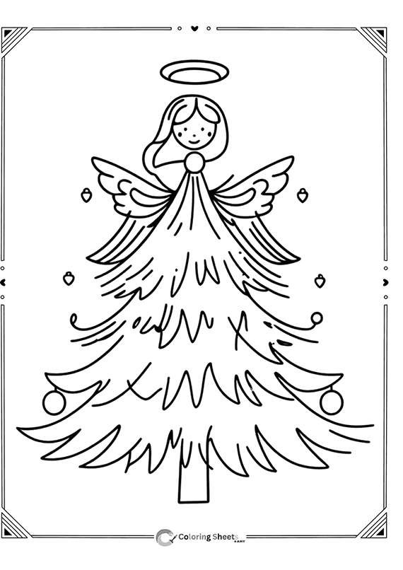 Angel atop a decorated Christmas tree coloring page for kids.