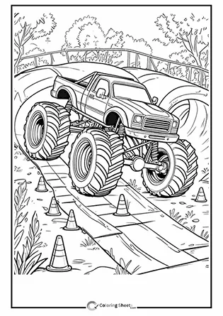Coloring page of a monster truck climbing a ramp and avoiding cones.