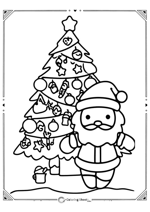 Hello Kitty Cute Santa Claus standing beside Hello Kitty Christmas Coloring Pagesa decorated Christmas tree, ready for coloring.
