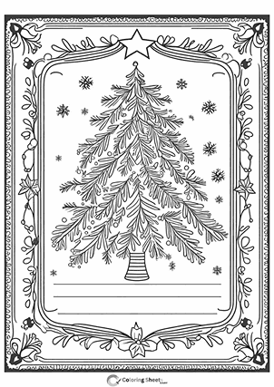 Beautiful Christmas tree with snowflakes in a festive frame, ready for coloring.