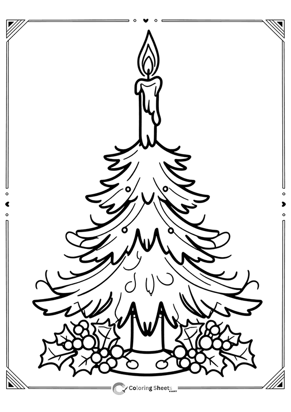 Elegant pine tree topped with Christmas candle – simple holiday tree coloring for all ages.