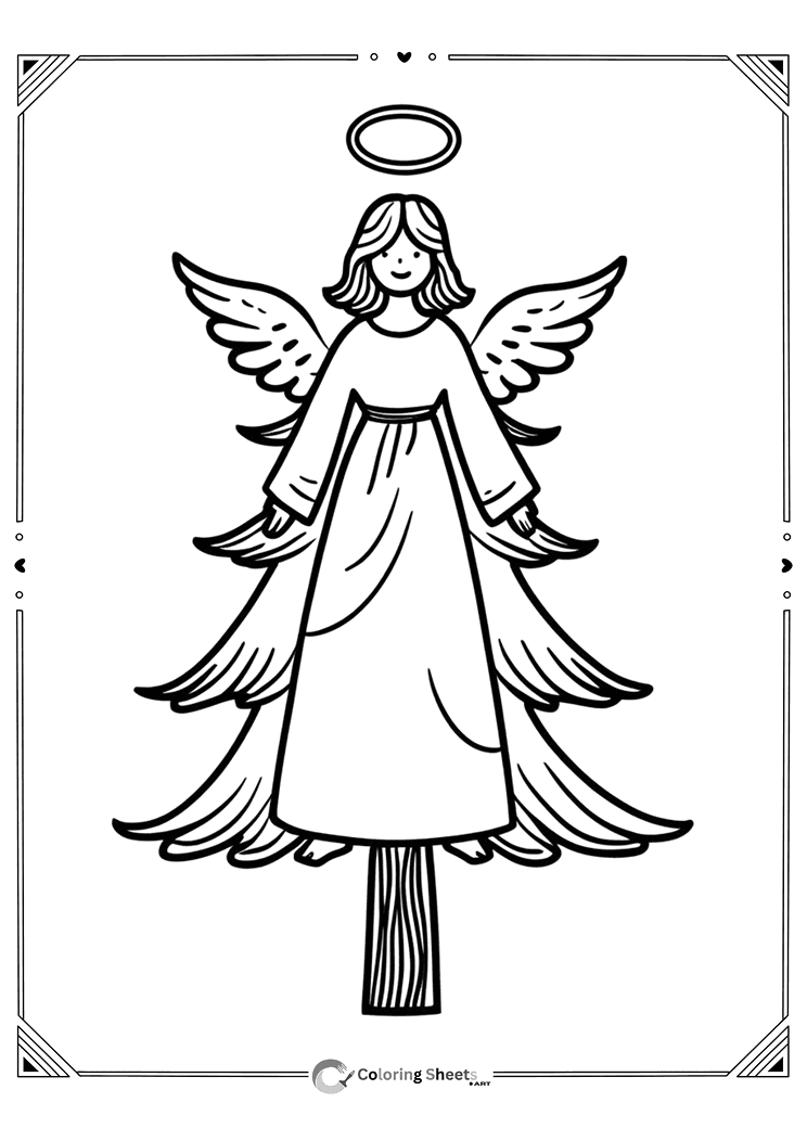 Graceful angel with wings standing on a Christmas tree for coloring.