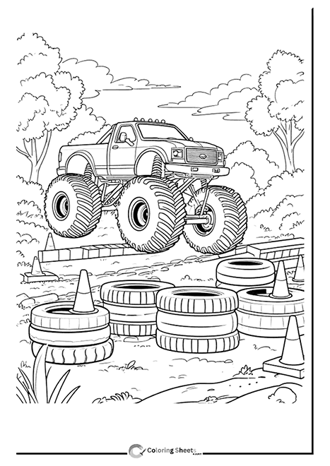 Coloring page of a monster truck jumping in the air over a stack of tires.
