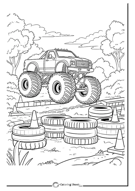 Coloring page of a monster truck jumping in the air over a stack of tires.