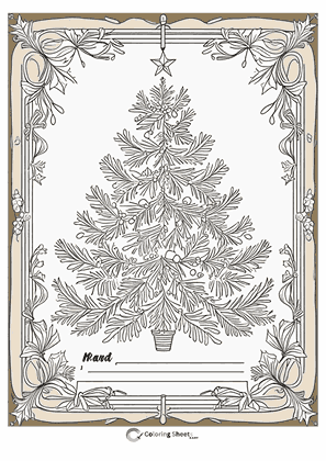 Graceful Christmas tree in a decorative Art Nouveau frame for holiday coloring.