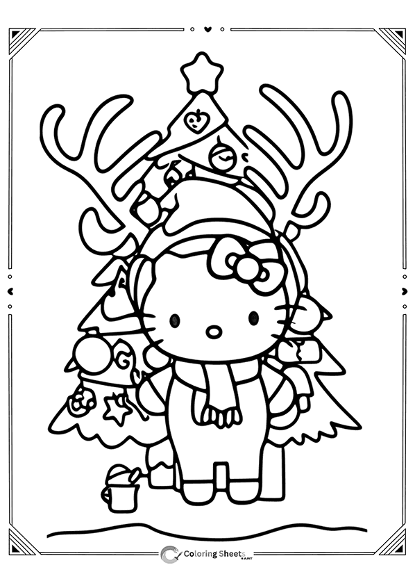 Hello Kitty dressed as a reindeer with antlers and scarf next to a Christmas tree.