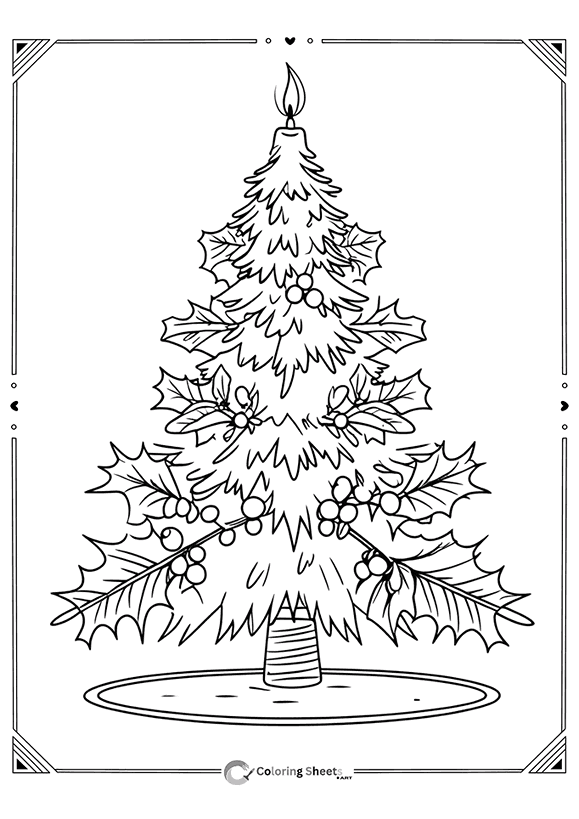 Unique Christmas tree covered in holly leaves and berries – traditional holiday coloring fun.
