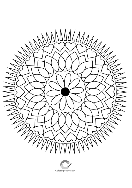 Mandala with heart and flower patterns for relaxing coloring.
