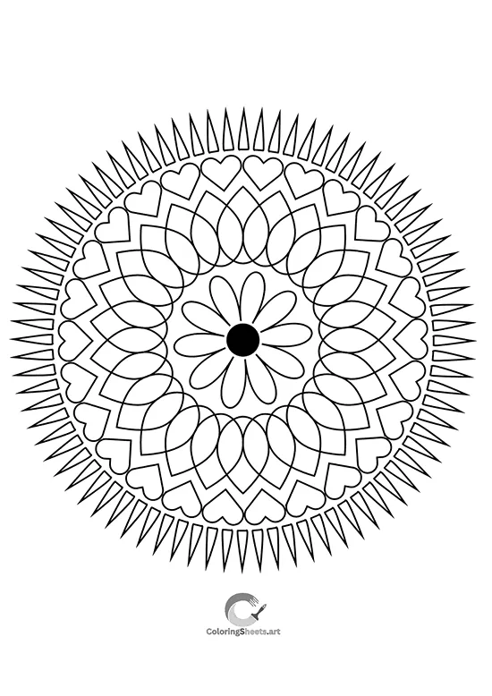 Mandala with heart and flower patterns for relaxing coloring.