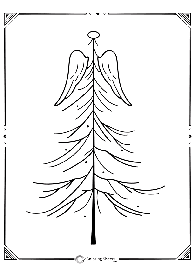 Minimalist Christmas tree with angel wings and halo to color.