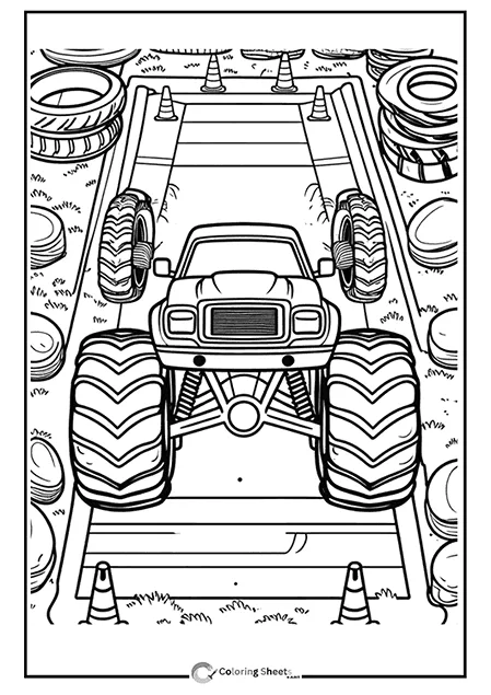 Coloring page of a powerful monster truck seen from the front on a race track.